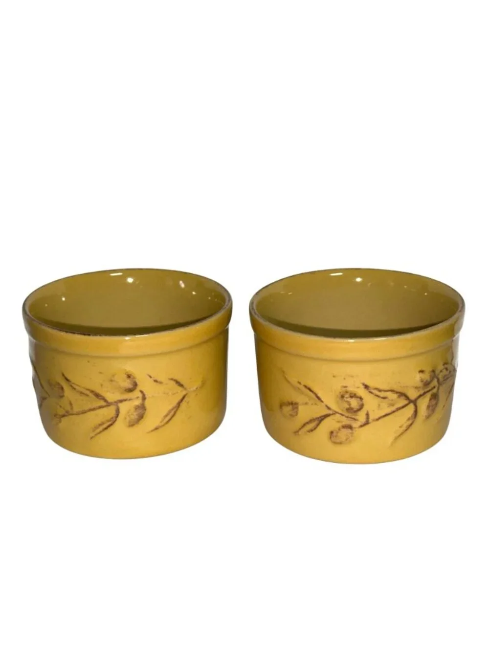Set Of 2 Mustard Yellow Ceramic Embossed Ramekins By Cerutil Stoneware
